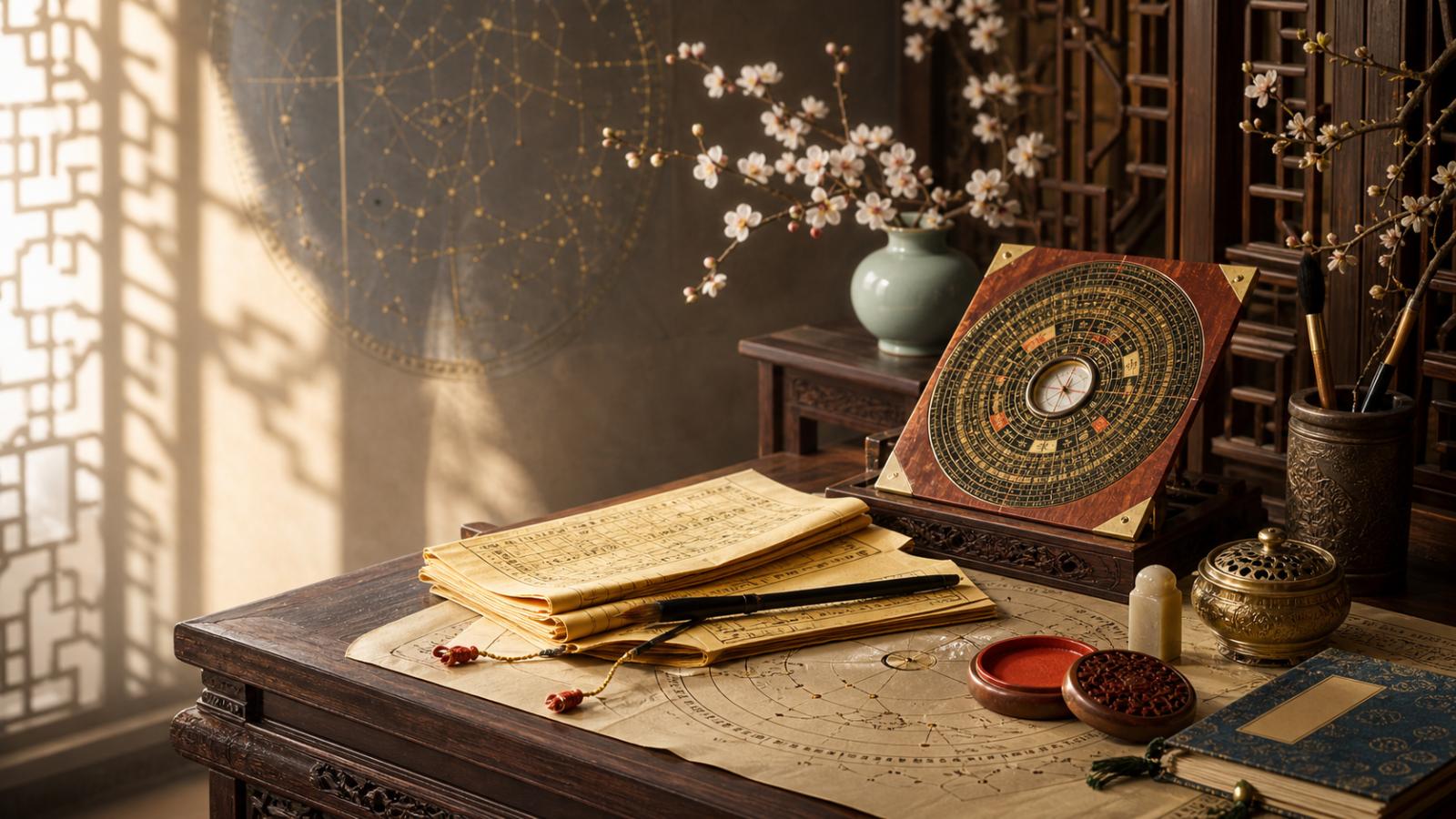 A diviner's desk, luopan compass, star chart, folded almanac and seal paste