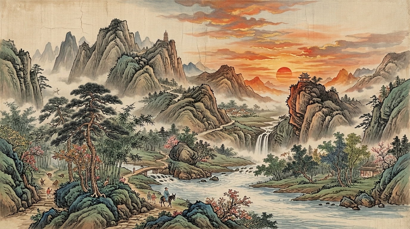 Chinese landscape painting: misty mountains, a river, pines and a hilltop pavilion at sunset
