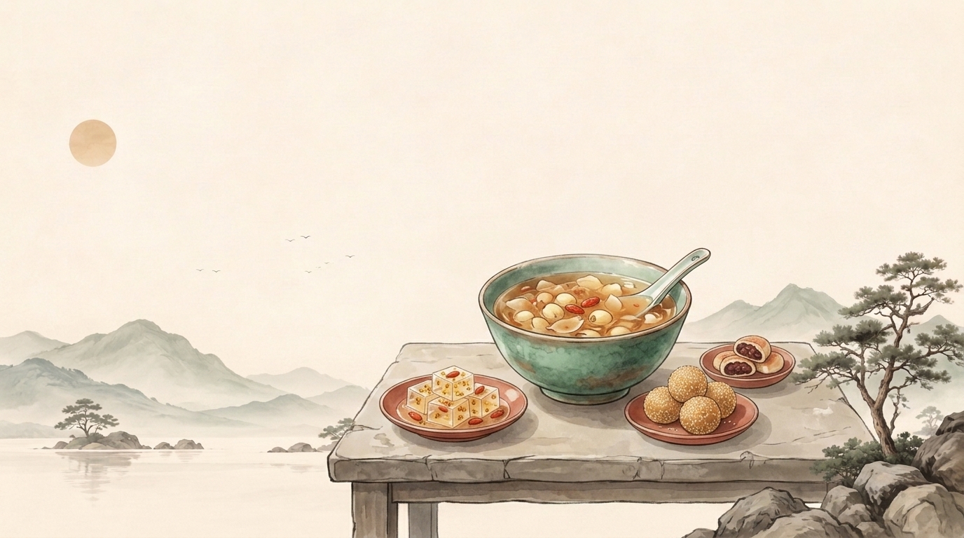 Chinese sweets and a bowl of sweet soup