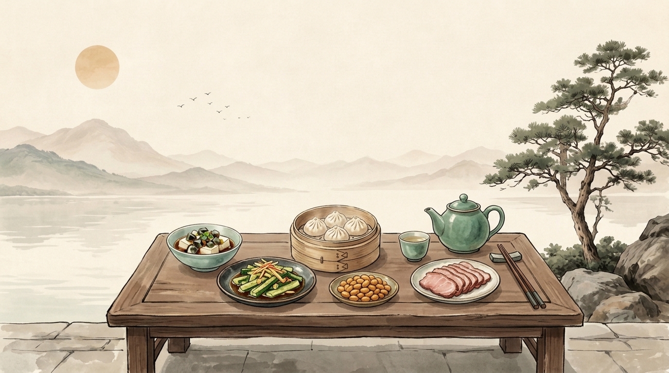 Small dishes, dumplings and cold plates on a table
