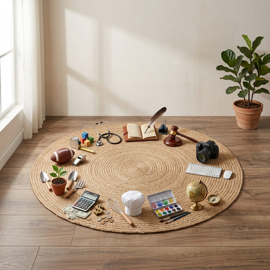 Zhuazhou objects arranged on a jute rug